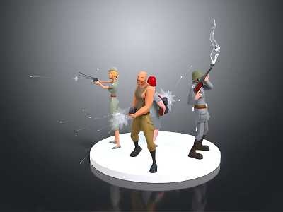 Action Characters Standing On White Circular Platform Holding Guns And Shooting With Special Effects 3d model