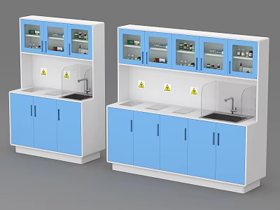Blue White Laboratory Workbench With Glass Cabinet Doors Sink Faucet Warning Signs And Reagent Bottles 3d model