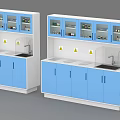Blue White Laboratory Workbench With Glass Cabinet Doors Sink Faucet Warning Signs And Reagent Bottles