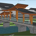 Landscape Bridge With Wooden Pavilion Roof Stone Steps Small River And Green Lawns