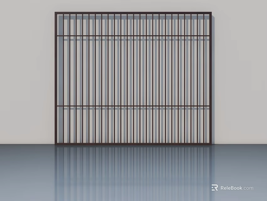 Modern Metal Panel Door With Vertical Slats Grille Design On Light Wall And Reflective Floor 3d model 