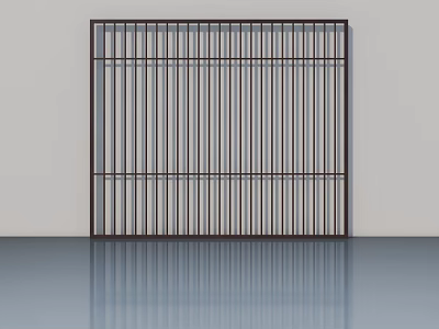 Modern Metal Panel Door With Vertical Slats Grille Design On Light Wall And Reflective Floor 3d model