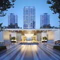Elegant Modern Entrance Gate Design With Illuminated Path And Tower Buildings