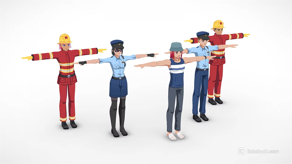 Various Profession Characters Including Firefighters Police and Casual Person Standing with Arms Outstretched 3d model 