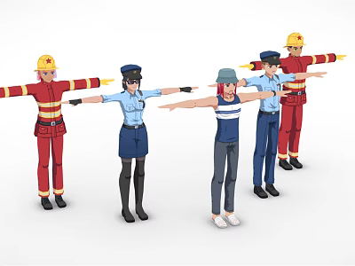 Various Profession Characters Including Firefighters Police and Casual Person Standing with Arms Outstretched 3d model