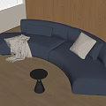 Blue Curved Leather Sectional Sofa With Pillows Throw Blanket And Small Round Table 3d model
