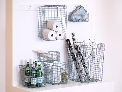 Wire Mesh Storage Baskets Organizing Toilet Paper Rolls Bottles Twigs on Wall and Shelf 3d model