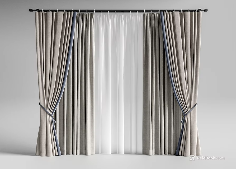 Elegant Light Gray Curtains With Blue Stripes Double Layer Design And Tiebacks 3d model 