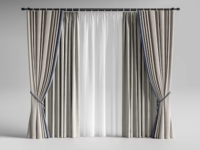 Elegant Light Gray Curtains With Blue Stripes Double Layer Design And Tiebacks 3d model