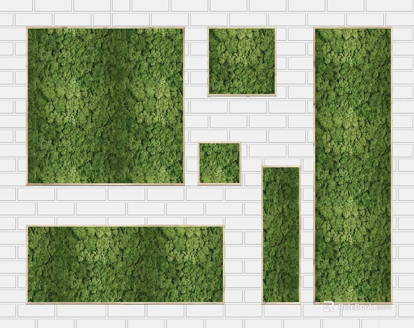 Creative Green Plant Wall Design With Various Shapes On White Brick Background 3d model 