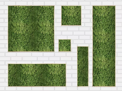 Creative Green Plant Wall Design With Various Shapes On White Brick Background 3d model