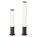 Outdoor Column Lights With White Striped Shades And Dark Bases In Two Heights