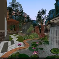 Stunning Courtyard Water Fountain Landscape with Greenery Stone Path and Modern Buildings