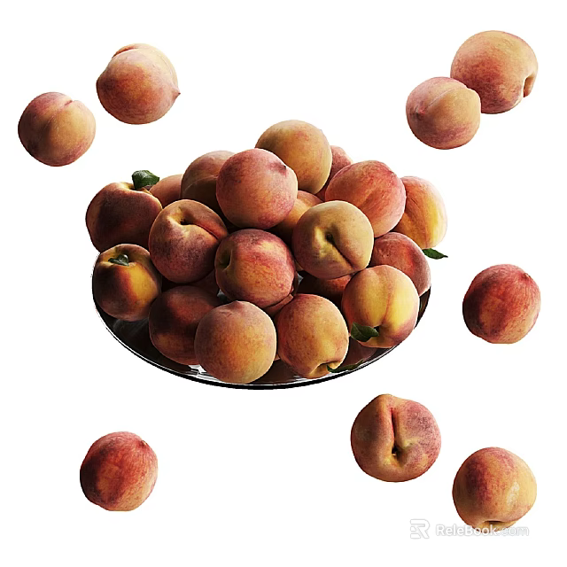 Fresh Ripe Juicy Peaches in Glass Plate with Some Scattered Around 3d model 