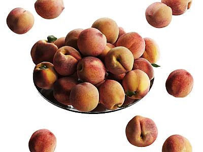 Fresh Ripe Juicy Peaches in Glass Plate with Some Scattered Around 3d model