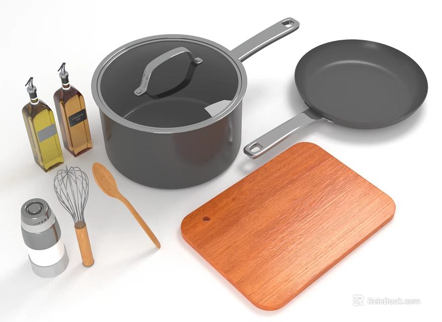 Essential Kitchen Living Supplies With Pots Frying Pan Wooden Cutting Board Oil Bottles Whisk And Spoons 3d model 
