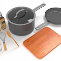Essential Kitchen Living Supplies With Pots Frying Pan Wooden Cutting Board Oil Bottles Whisk And Spoons
