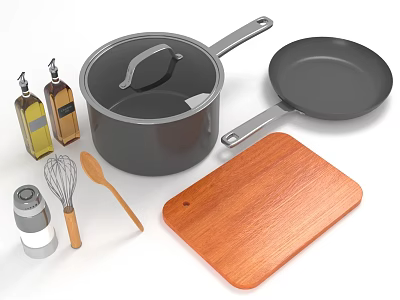 Essential Kitchen Living Supplies With Pots Frying Pan Wooden Cutting Board Oil Bottles Whisk And Spoons 3d model