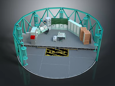 Industrial Equipment Configuration With Circular Metal Frame Work Platform Control Console And Storage Cabinets 3d model
