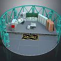 Industrial Equipment Configuration With Circular Metal Frame Work Platform Control Console And Storage Cabinets