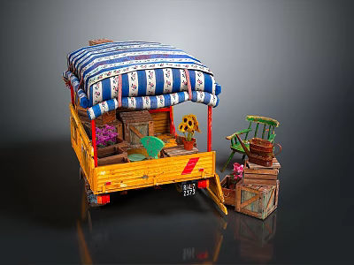 Yellow Cart With Blue And White Striped Canopy Green Chair Wooden Crates And Flowers 3d model