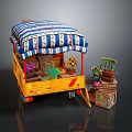 Yellow Cart With Blue And White Striped Canopy Green Chair Wooden Crates And Flowers