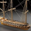 Detailed Wooden Vintage Sailing Ship Model With Multiple Masts And Intricate Rigging