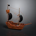 Vintage Wooden Model Ship With Black Sails And Detailed Craftsmanship