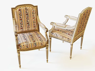 Classic Accent Chairs With Ornate Golden Frame And Colorful Striped Upholstery 3d model