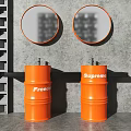 Two Orange Washbasins with FreeB and Supreme Logos Two Round Mirrors Grey Wall Grid Decor