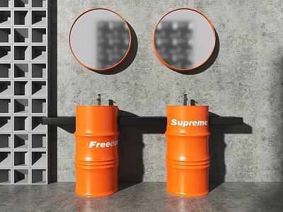 Two Orange Washbasins with FreeB and Supreme Logos Two Round Mirrors Grey Wall Grid Decor 3d model