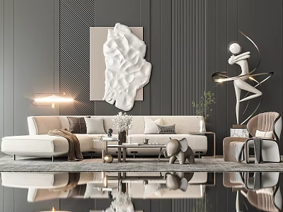 Modern Sofa Coffee Table Set with Throw Pillows Sculpture Decor and Wall Art 3d model