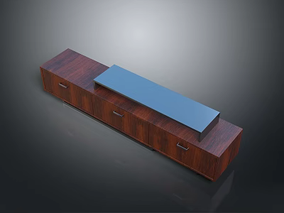 Elegant Dark Wooden TV Stand With Multiple Drawers And Smooth Blue Tabletop 3d model