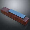 Elegant Dark Wooden TV Stand With Multiple Drawers And Smooth Blue Tabletop