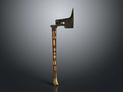 Vintage Axe Tool With Long Decorative Wooden Handle And Metal Blade 3d model