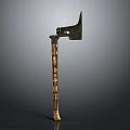 Vintage Axe Tool With Long Decorative Wooden Handle And Metal Blade