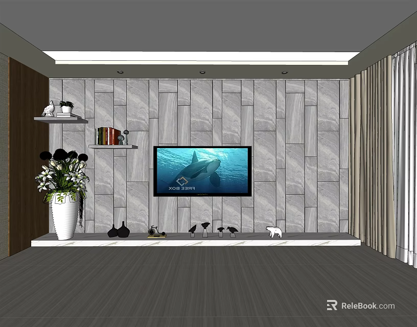 Stone Tile TV Background Wall Featuring Mounted TV White Vase and Decorative Shelf 3d model 