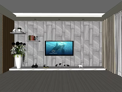 Stone Tile TV Background Wall Featuring Mounted TV White Vase and Decorative Shelf 3d model
