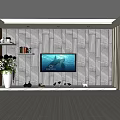 Stone Tile TV Background Wall Featuring Mounted TV White Vase and Decorative Shelf