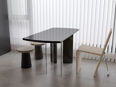 Modern Black Coffee Table With Metal Frame Stools And Chair Near White Blinds 3d model