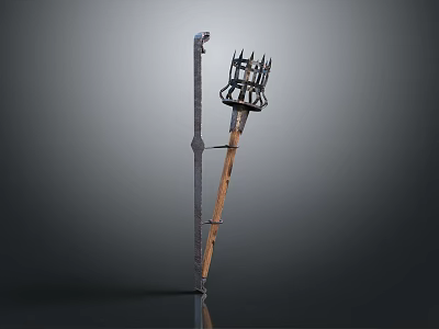 Vintage Agricultural Tool With Wooden Handle And Metal Fork Prongs Structure Design 3d model