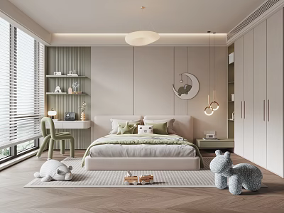 Modern Kids Bedroom Interior With Soft Green Bed Study Desk Moon Decor And Plush Toys 3d model