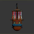 Cute Pirate Ship Model With Skull Flag Brown Blue Hull And Cabin Lanterns