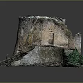Cartoon Scene of Ancient Castle Ruins with Stone Walls and Green Plants