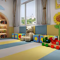 Modern Kindergarten Classroom With Wooden Ceiling Round Lights Tables Chairs Bookshelves And Toys