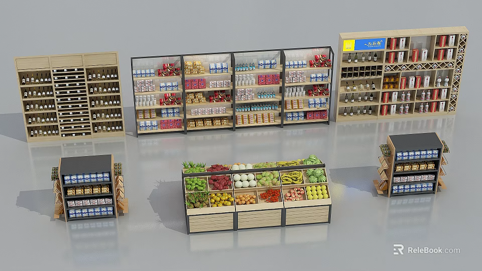 Supermarket General Merchandise Display With Multi Layer Shelves Fruits Vegetables And Snacks 3d model 