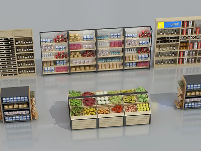 Supermarket General Merchandise Display With Multi Layer Shelves Fruits Vegetables And Snacks 3d model