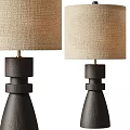Pair of Modern Dark Wooden Table Lamps with Linen Shades and Geometric Bases