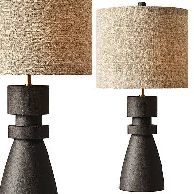 Pair of Modern Dark Wooden Table Lamps with Linen Shades and Geometric Bases 3d model