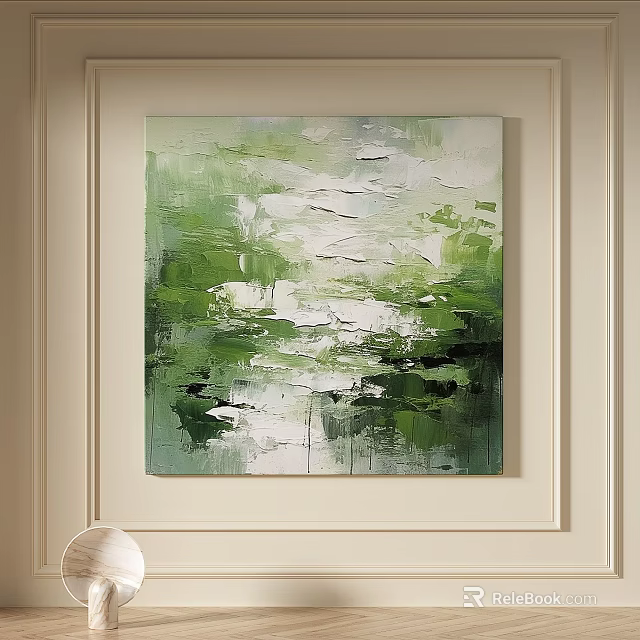 Modern Abstract Painting With Green White Black Textured Brushstrokes On Interior Wall Decor 3d model 